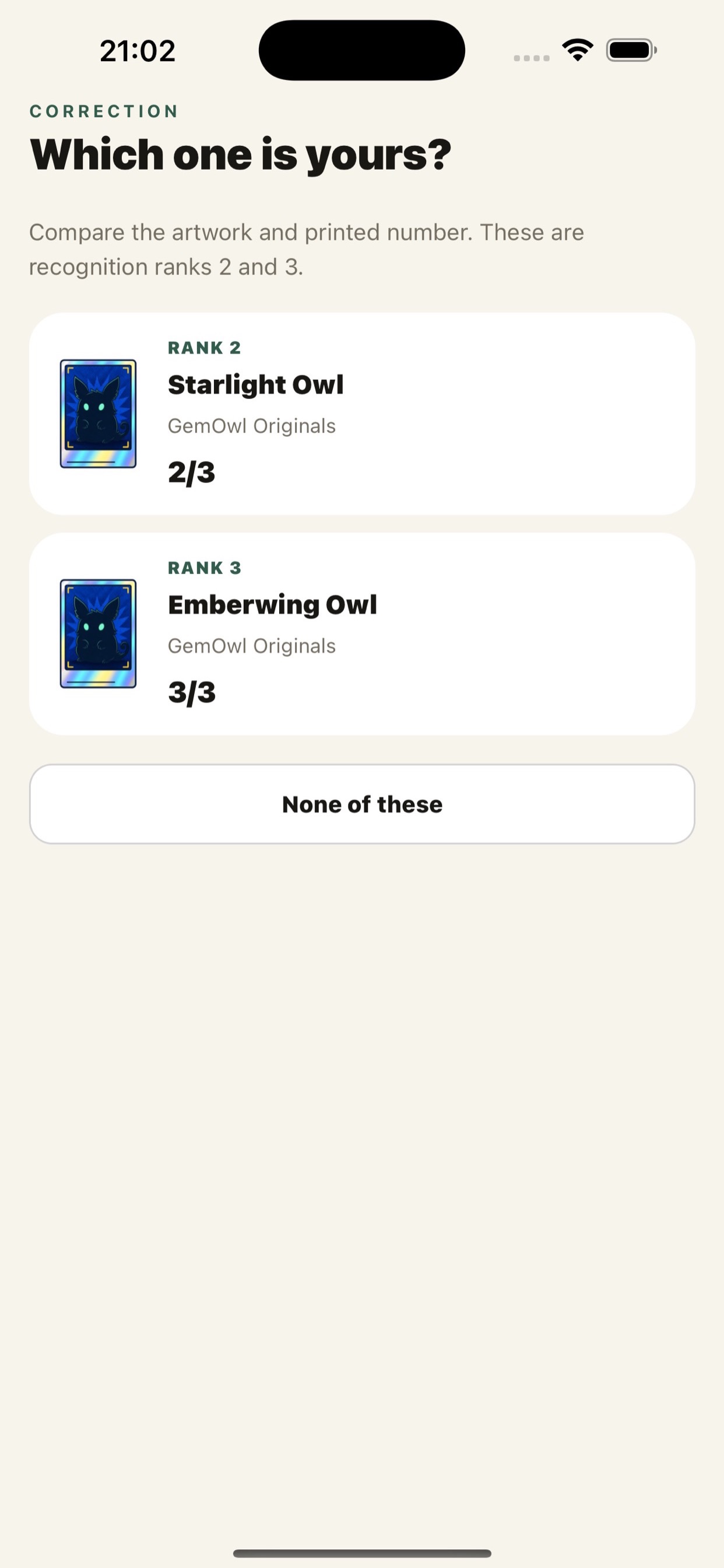 GemOwl correction screen with alternative card matches
